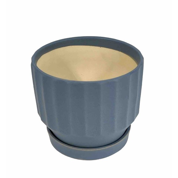 Bombay Ribbed Ceramic Planter 5.5” Drainage Hole Saucer Matte Blue Flower Pot - Picture 3 of 14